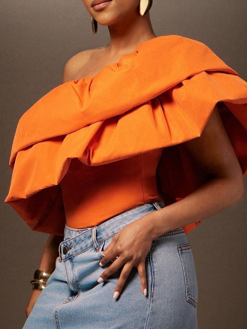 Orange Party Women's Slim Fit Asymmetrical Cloak Sleeve One Shoulder Top